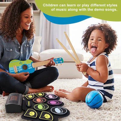 Electronic Drum Set With Drum Sticks Pedals Music Drums 9 Pad Roll-Up Drum Musical Electronic Drums Instrument For Kids Adults