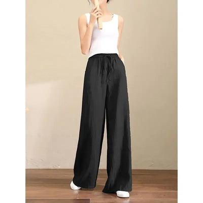 Wide-leg Pants Spring Casual Women's Versatile Loose Cotton Linen High-waist Drawstring Straight Trousers