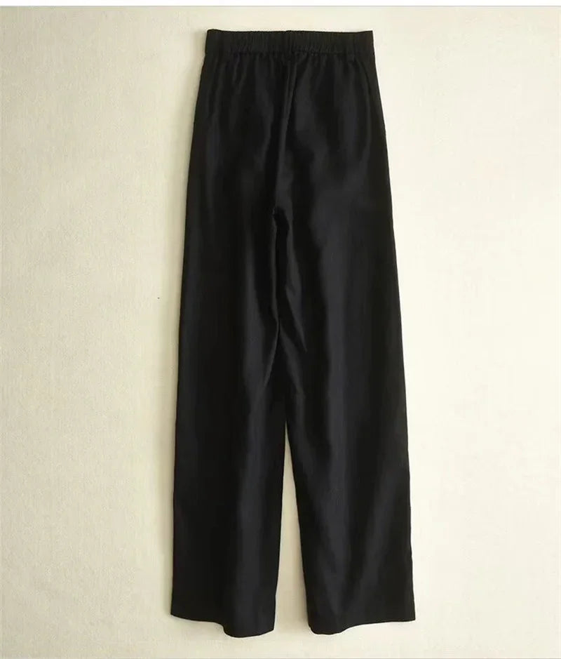 Women's Cotton Linen Straight Trousers Elastic High Waist Wild Wide Leg Pants Female Spring Summer Solid Color Loose Linen Pants