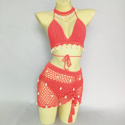 Women Beach Wear Swimsuit Cover-Ups Boho Summer See-Through Hollow Out Bandage High Waist Short Beach Skirt Crochet Knit Skirts