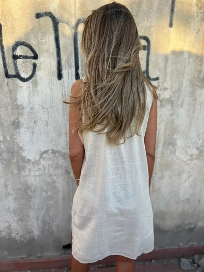 2025 Fashion Casual Cotton Linen Dresses For Women Summer Sleeveless Button Pocket Deep V Neck Party Mini Female Dresses Blue