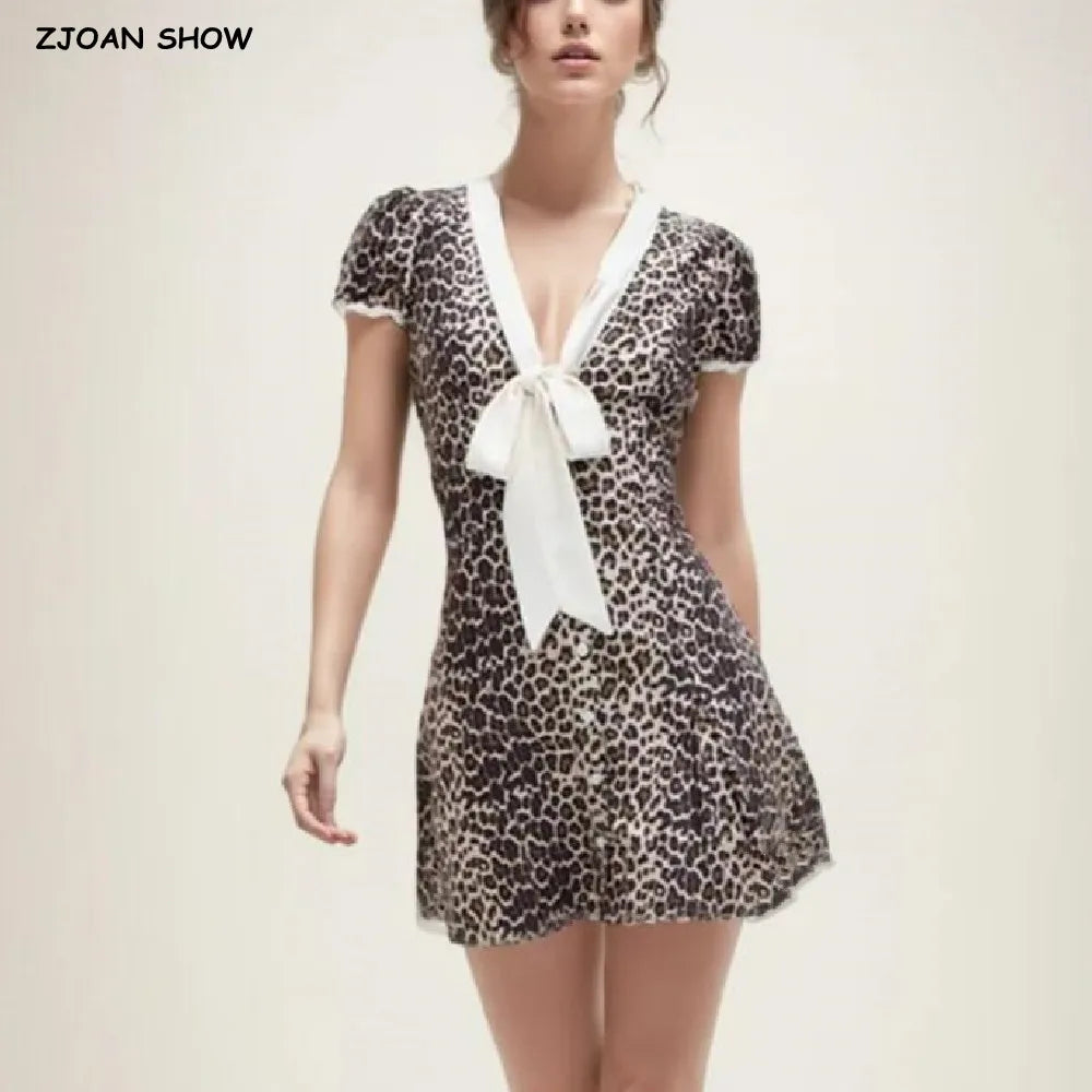 Elegant French style Women Animal Leopard Print Shirt Dress Contrast Color Tie Bow V neck Puff Sleeve Short Dresses Mini Robe