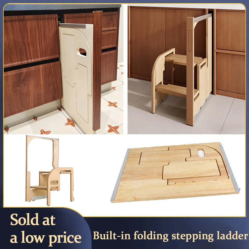 Ultra Thin Built In Folding Step Stool Narrow Retractable Pull Down Hidden Ladder Space Saving For Small Home Kitchen Cabinet