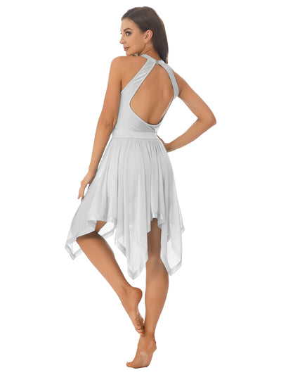 Elegant Ballet Leotards Dance Dress For Women Shiny Sequins Asymmetrical Hem Mesh Lyrical Dresses Prom Performance Costume