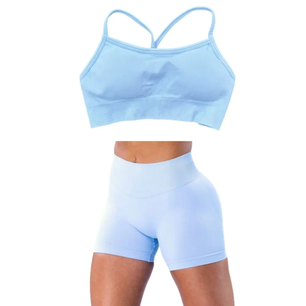 2025 Yoga High Quality Set Solid Color Women's Sports Hip Lift Shorts Cross Bra Shockproof Backrest Sling 2-piece Set Summer