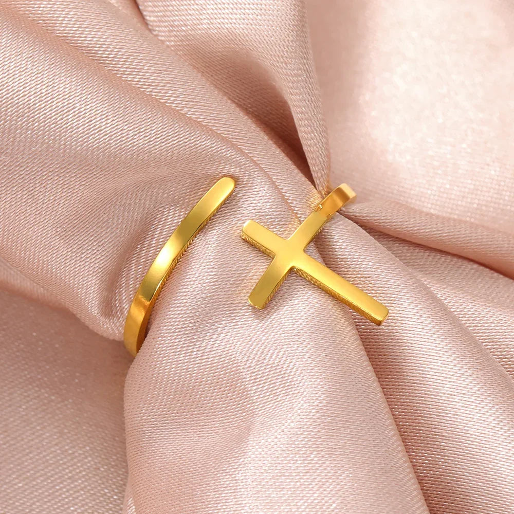 Cazador Christian Cross Open Rings for Women Stainless Steel Christian Jewelry Adjustable Finger Rings Birthday Valentine Gift