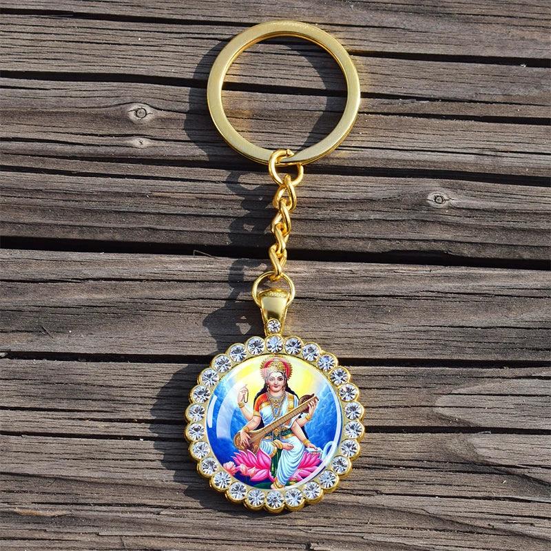 Shiva Nataraja Keychain Buddhist Jewelry Lakshmi Goddess Rhinestone Pendant Hinduism Amulet Keyring Gift
