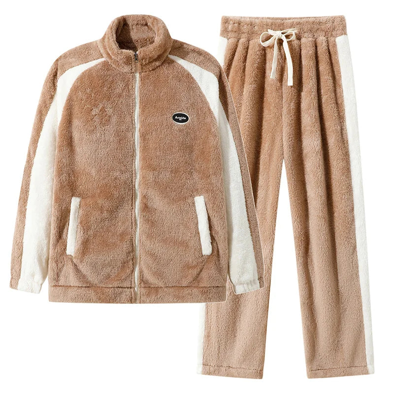 Men's Pajamas made of coral fleece, Plus Size 8XL, spliced, square collar, long sleeves, long pants, warm Sleepwear Set