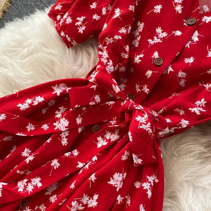 Korean Red elegant sexy Dress women Summer Autumn V-neck polka dot midi dress waist split dress vestidos de fiesta clothes