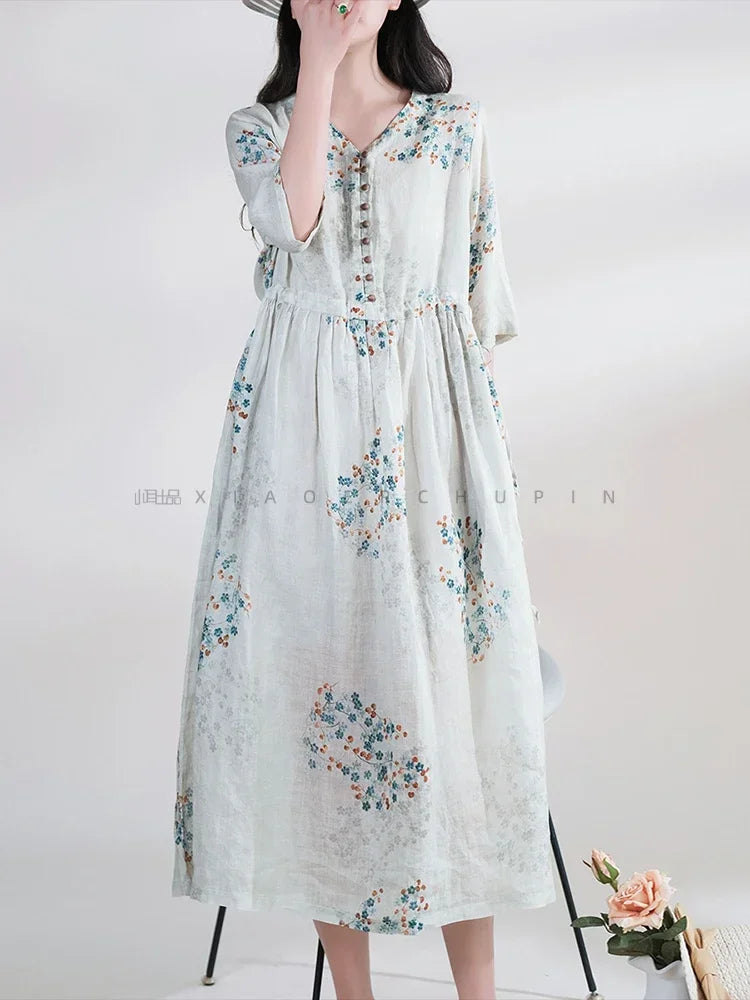 Summer Dress Women 2025 Long Print Elegant Clothing Vintage Elastic Waist Korean Beach Style V-Neck Fashion Robe Ropa De Mujer