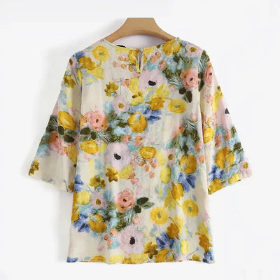 Women's Linen Bohemian Floral Printed  3/4 Sleeve O-Neck Top