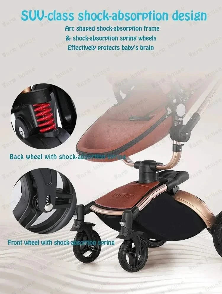 3-in-1 Luxury High-view Baby Stroller with Car Seat Foldable Newborn Baby Stroller PU Leather Two-way Baby Stroller