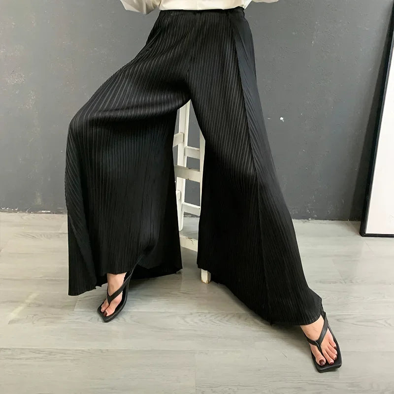 Pleated Wide Leg Pants For Women New Autumn 2025 Solid Color Elastic Waist High Quality Loose Casual Trousers Female