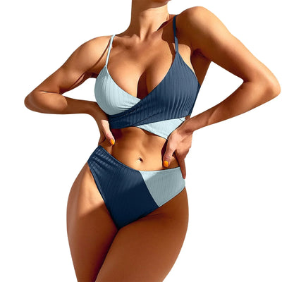 Summer Ladies Sexy High Waist Print Two Piece Bikini Sets Biquini Women Swimsuit Clothing Set Color Block Mujer Swimwear Suits