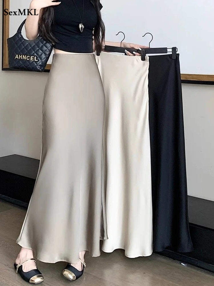 Elegant Satin Long Skirts Women Korean Fashion Clothes Elastic High Waist Black Skirt 2025 Streetwear Summer A Line Midi Skirt