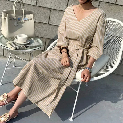 2021 Summer Striped Cotton Linen Long Dress Women Fashion Loose Vestidos Vintage V-neck Half Sleeve Dress for Women Loose