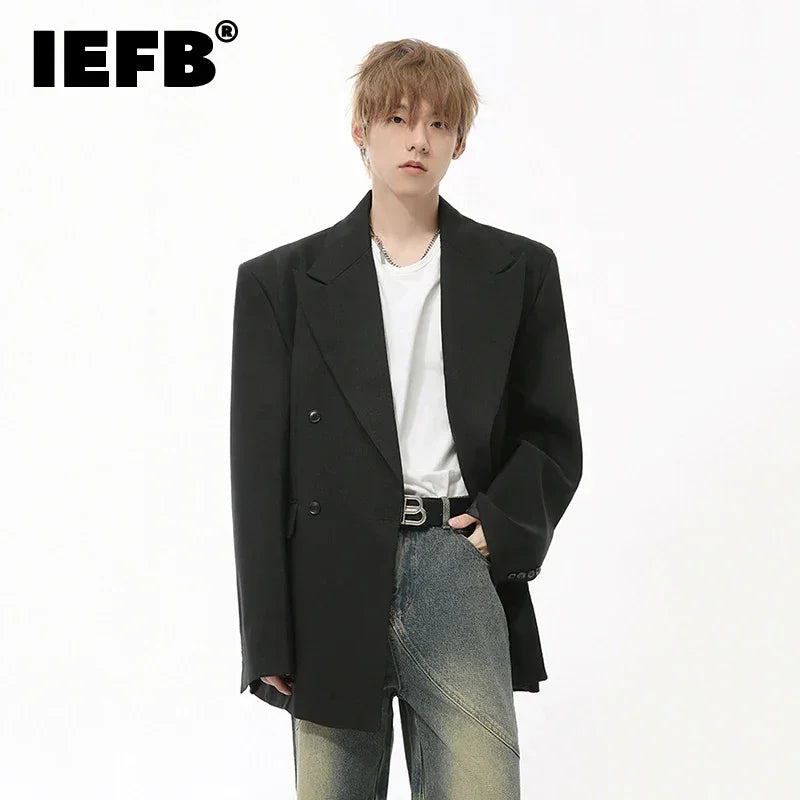 IEFB Korean Style Men's Blazers Double Breasted Shoulder Padded Tops Turn-down Collar Solid Color Loose Male Suit Jackets 9C8669