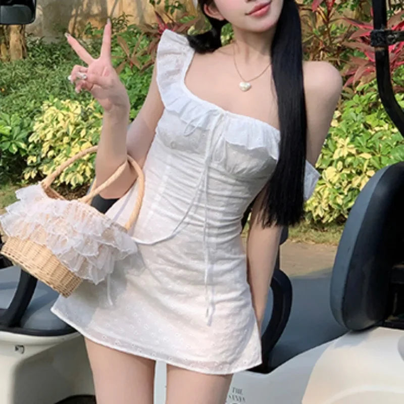 A-line Dresses for Women Skinny Solid Flying Sleeve Summer Korean Style Chic Girls Square Collar Ins Lace-up Mini Lovely