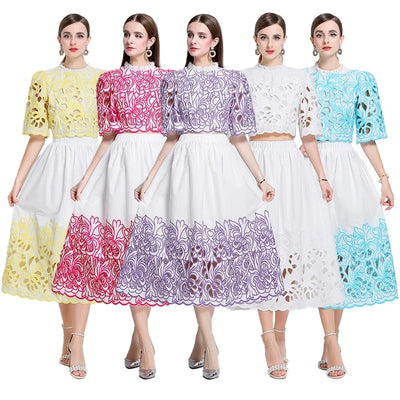 Summer Short Sleeve A-LINE Set Skirt for Women Fashion Ruffled Collar Embroidery Set Skirt Women Vestidos De Verano Mujer Q344