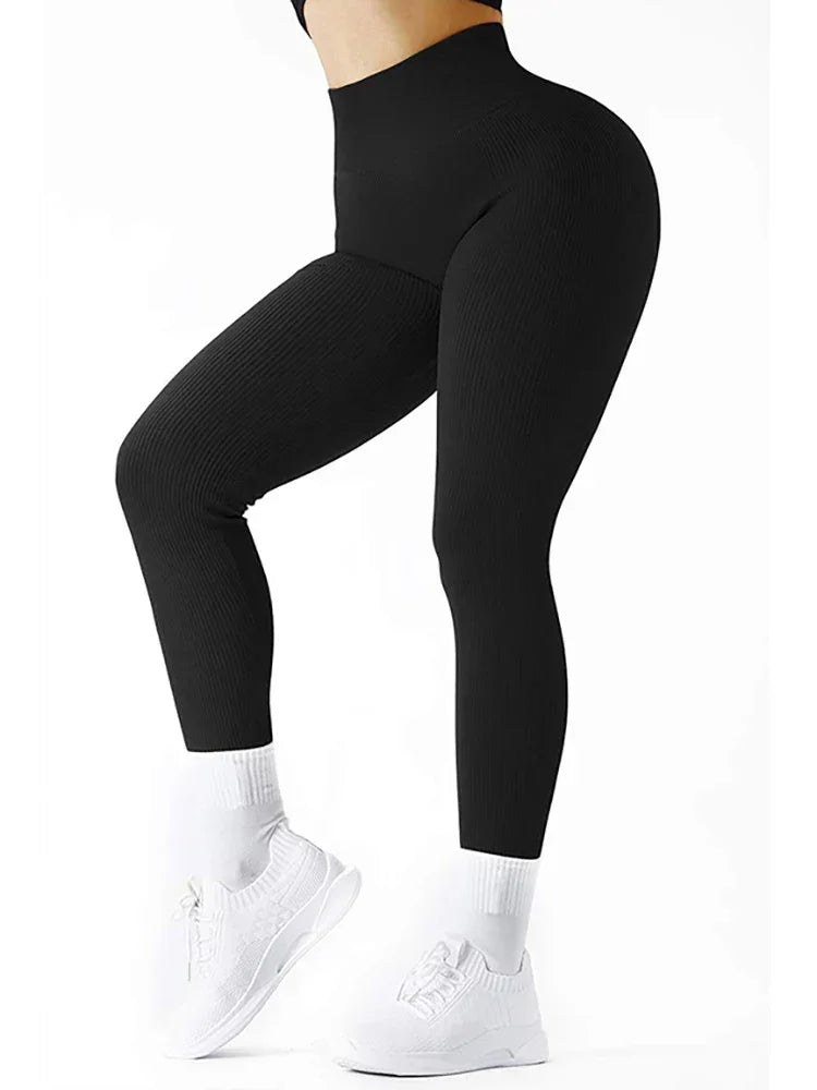 High Waisted Seamless Yoga Leggings, Ribbed Sportswear Tights
