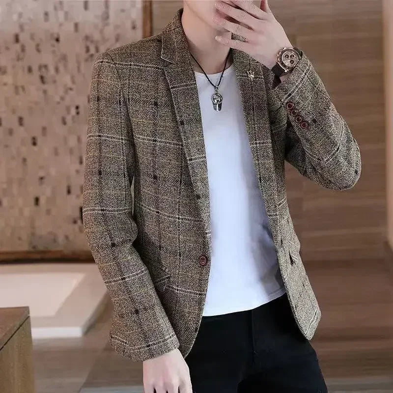 Plaid Male Blazer Brown Men's Suit Jackets Single Breasted Coat Fashion 2024 Fashionable High Quality Classic Luxury Designer