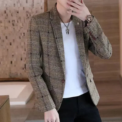 Plaid Male Blazer Brown Men's Suit Jackets Single Breasted Coat Fashion 2024 Fashionable High Quality Classic Luxury Designer