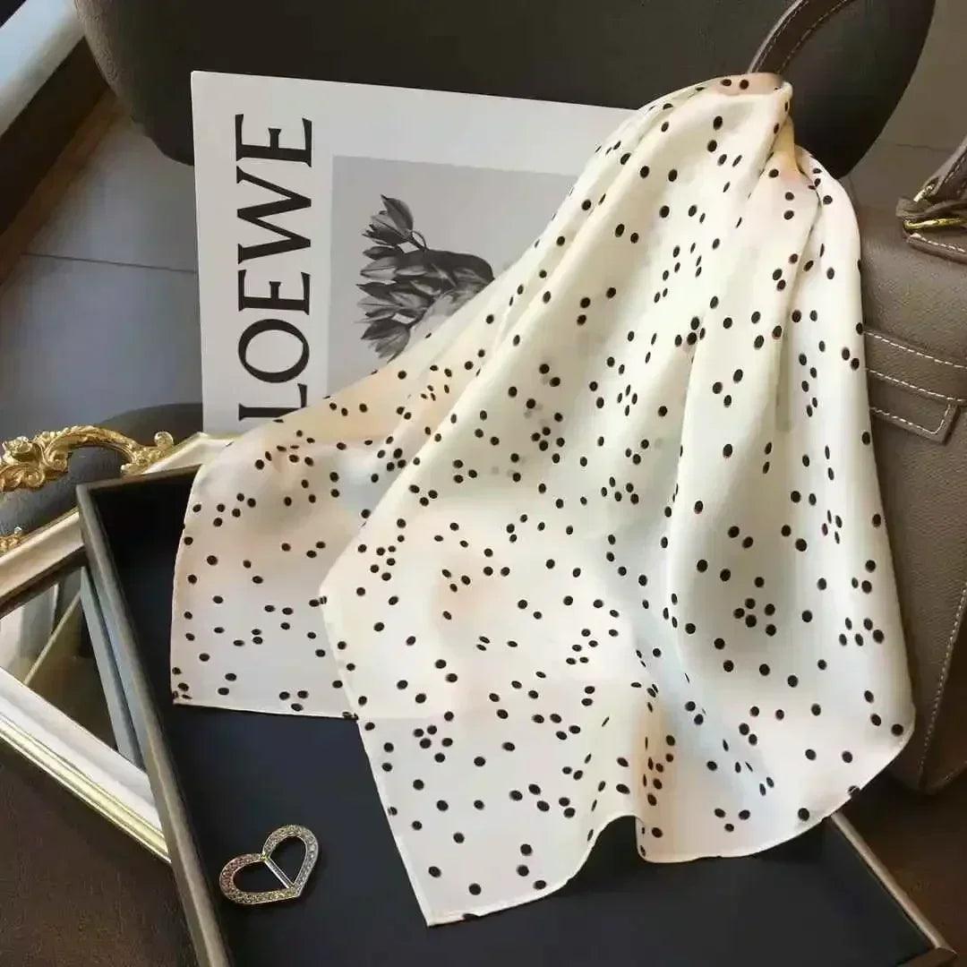 Women’s elegant white black polka dot design satin 70cm silk scarves 100% mulberry