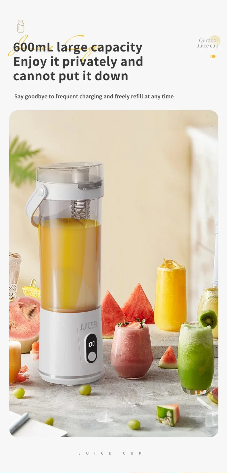 Portable Blender 600ML Electric USB Rechargeable Juicer for Smoothies Fruits Personal Mini Juicer for Travel Outdoor Fitness