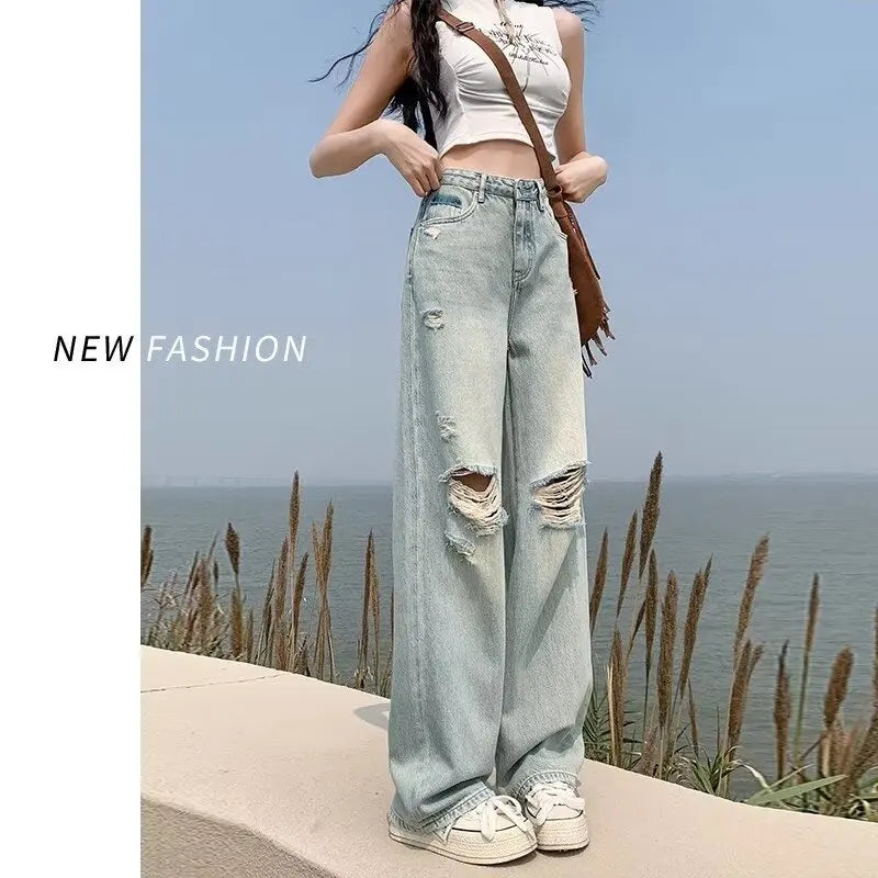 Ripped wide leg jeans for women, slim fit, summer high waisted, loose fit, slimming, floor length straight leg pants