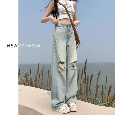 Ripped wide leg jeans for women, slim fit, summer high waisted, loose fit, slimming, floor length straight leg pants