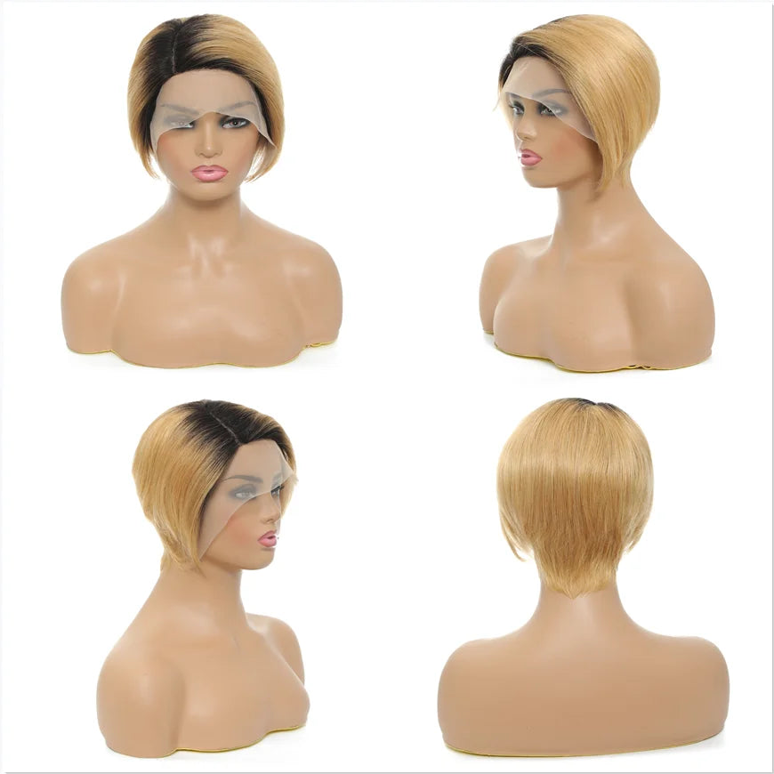 Human Hair Wigs Short Straight Bob Wig T Part Transparent Lace Wig For Women Preplucked Hairline Pixie Cut Wig Perruque Femme