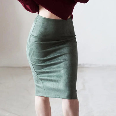 Women's suede solid color pencil skirt, spring and summer high waisted tight fitting retro suede split thick elastic skirt