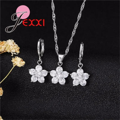 Gorgeous Flower Jewelry Sets Micro Inlaid White Round Crystal 925 Sterling Silver Brand Pendant Necklace/Dangle Earrings