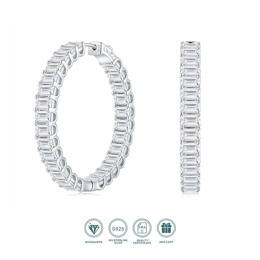 JIUZUAN S925 Sterling Silver Baguette Moissanite Hoop Earrings for Women Full Stone Geometric Design Elegant Jewelry Daily Wear