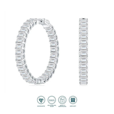 JIUZUAN S925 Sterling Silver Baguette Moissanite Hoop Earrings for Women Full Stone Geometric Design Elegant Jewelry Daily Wear