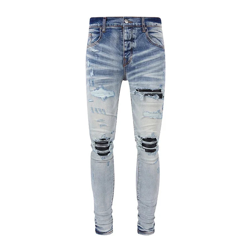 Fashion Designer Men Jeans High Quality Black Stretch Skinny Fit Leather Patched Ripped Jeans Men Y2K Brand Hip Hop Denim Pants