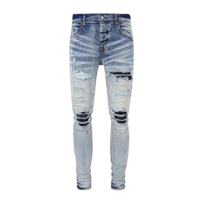 Fashion Designer Men Jeans High Quality Black Stretch Skinny Fit Leather Patched Ripped Jeans Men Y2K Brand Hip Hop Denim Pants