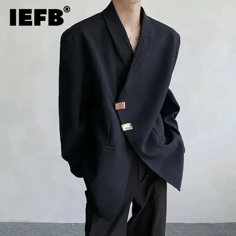 IEFB Metal Button Design Men's Blazers Shawl Collar Oblique Placket Design Casual Clothing Solid Color Male Suit Jackets 9W957