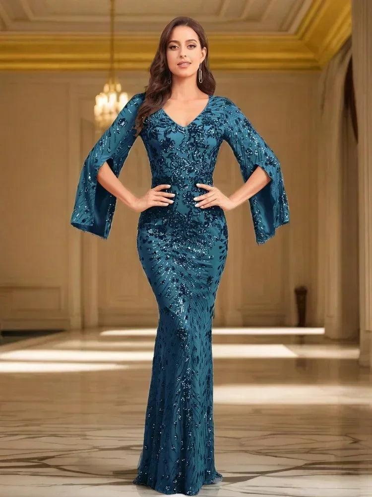 Luxury champagne evening dresses for women 2025 long sleeve mermaid formal sequins v-neck prom wedding party graduation