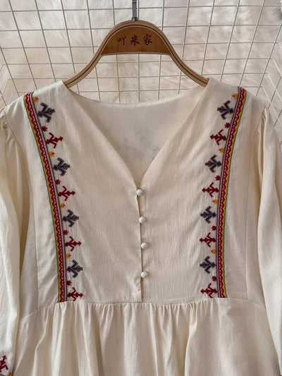 European American Style Women's New Cotton Linen 2024 Fashionable Lace Up Waist Slimming Patchwork Embroidered Short Dress A132