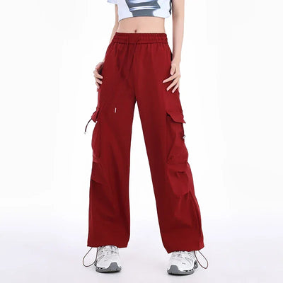 American Drawstring Fashion Women's Pants Casual Pocket Cargo Pants Female Straight Baggy Outdoor Sweatpants Red Apricot Khaki