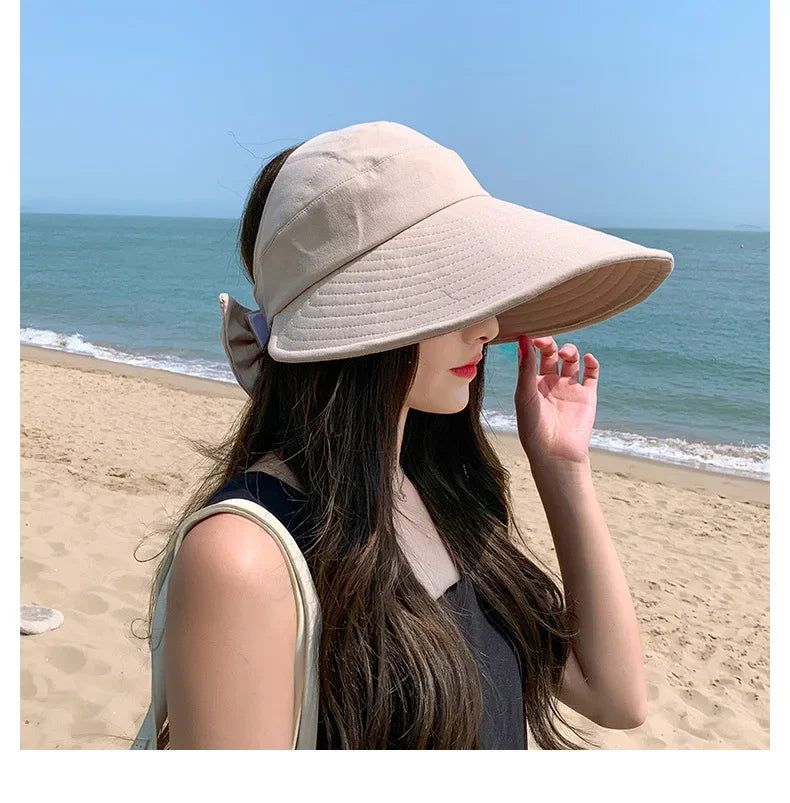 COKK Summer Hat Women Empty Top Foldable Sunhat Sunscreen Hats For Women Solid Color With Bow Ladies Hats Beach Cap Sun Hat