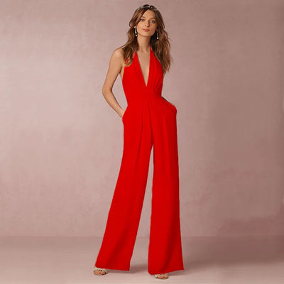 Spring And Summer Temperament Office Style Jumpsuit For Women Solid Color Sexy Deep V Backless Sleeveless Pocket Loose Jumpsuit