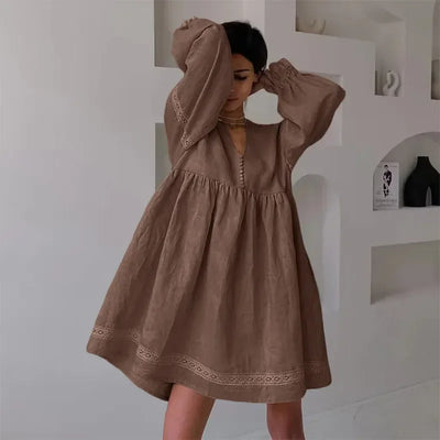 Summer Cotton Linen French Style Dress Commuter Fashion Patchwork Lace Casual Loose Dress Women Sexy V Neck Lantern Sleeve Dress