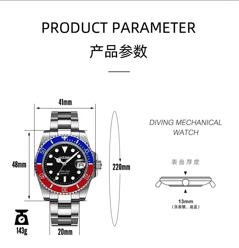 2025Advanced men's watches high-end products green water ghost quartz watches steel band waterproof luminous watches