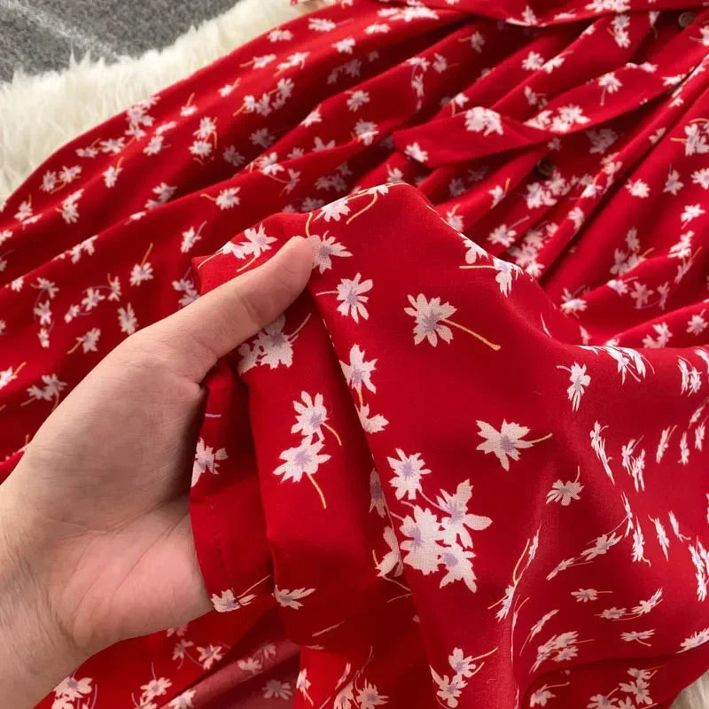 Korean Red elegant sexy Dress women Summer Autumn V-neck polka dot midi dress waist split dress vestidos de fiesta clothes