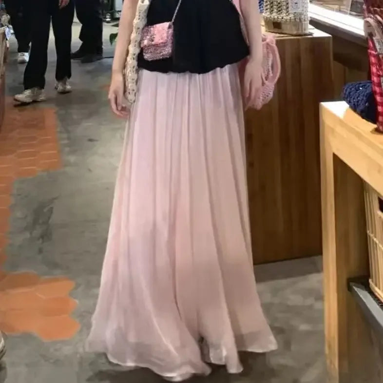 A Tall Sporty Skirt with Sparkling High Waist Elastic High-end Flowing A-line Extended Pink Skirt