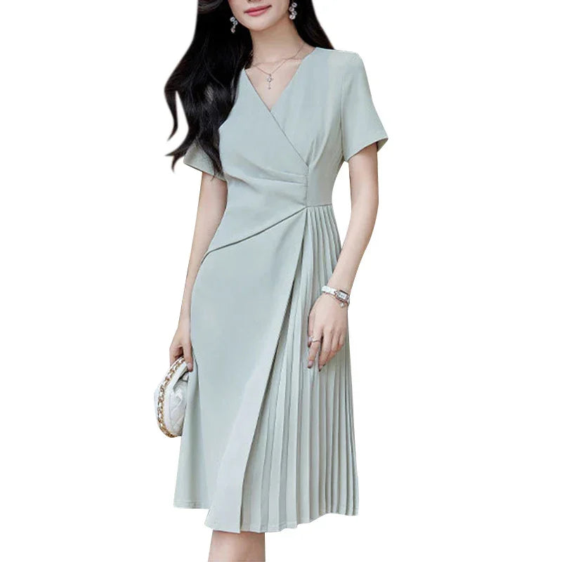 Summer Women Elegant OL Work Sundress V Nek Party Dress 2024 ZANZEA Fashion Short Sleeve Robe Femme Solid Pleated Midi Vestidos