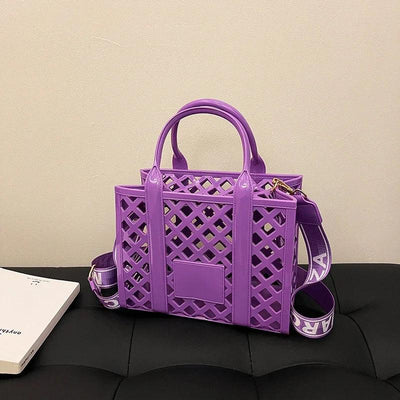 Designer Tote Bag For Women Brand Hollow Out Shoulder Bag 2025 New Travel Beach Handbag Purple Bag Fashion Shopper Purse