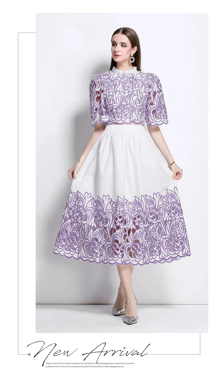 Summer Short Sleeve A-LINE Set Skirt for Women Fashion Ruffled Collar Embroidery Set Skirt Women Vestidos De Verano Mujer Q344
